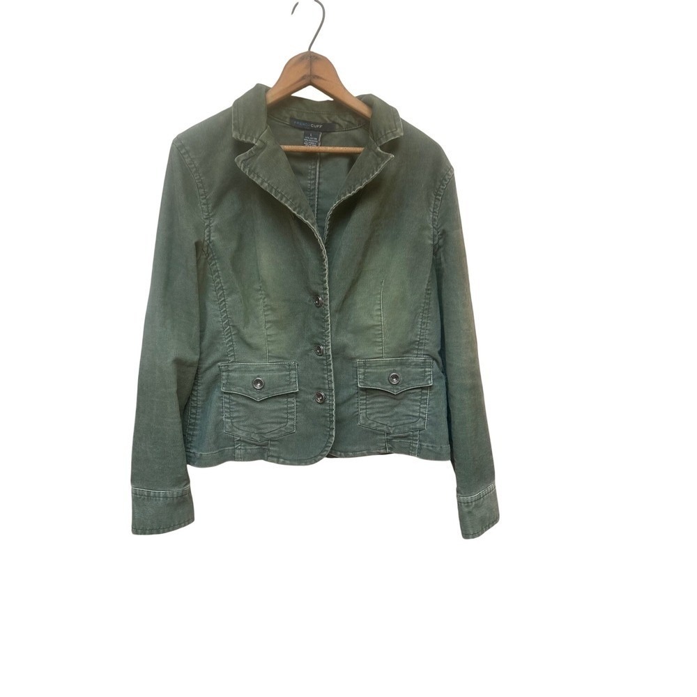 French Cuff Womens Green Corduroy Blazer Jacket Size L Military Style Two Button